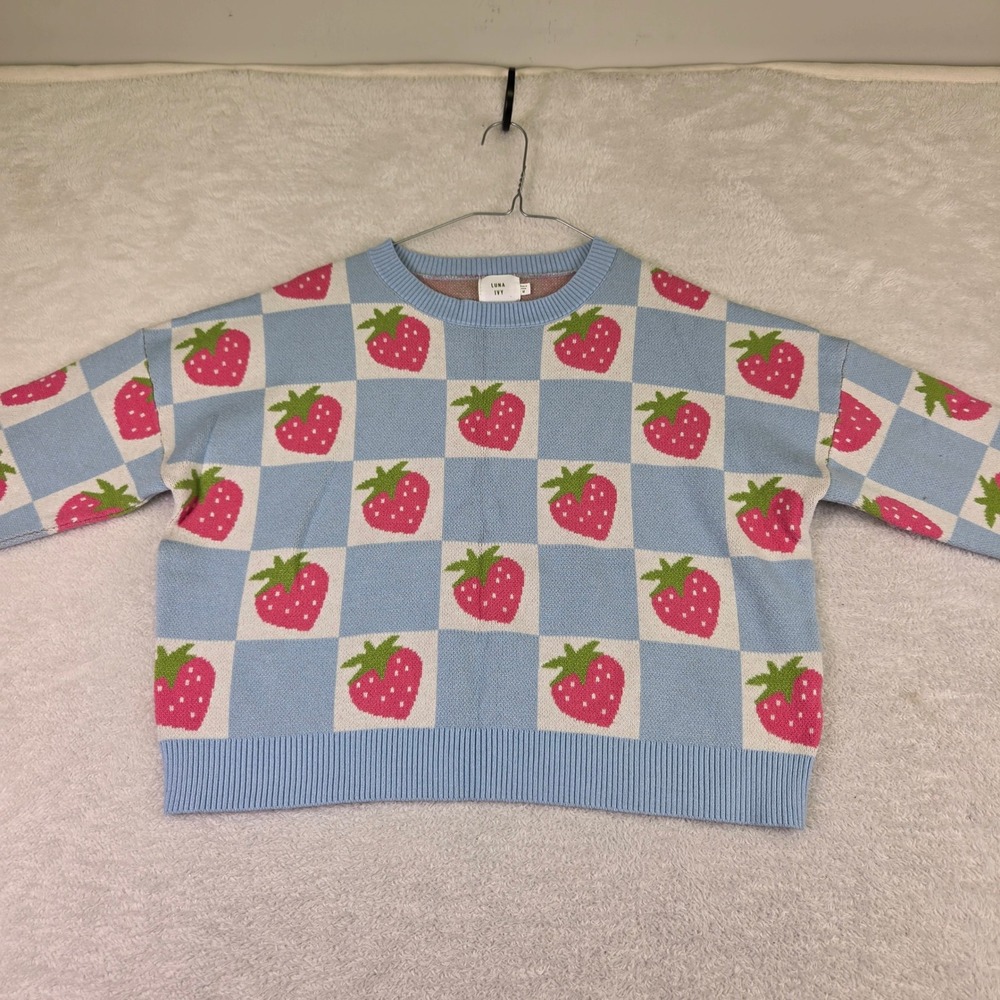 Luna Ivy Strawberry Checkered Knit Sweater Blue Pink White M